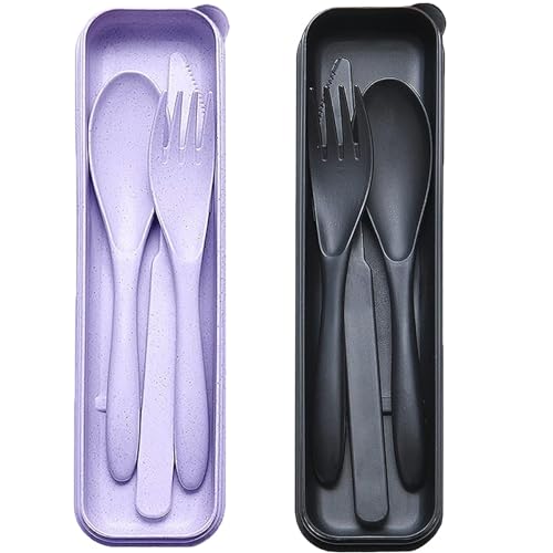 Reusable Travel Utensils Set with Case, 2 Sets Wheat Straw Portable Plastic Fork Spoons Knife Cutlery, Camping Eco-Friendly BPA Free Tableware for Kids Adults Work Picnic or Daily Use (Black+Purple) - color: Black+Purple
