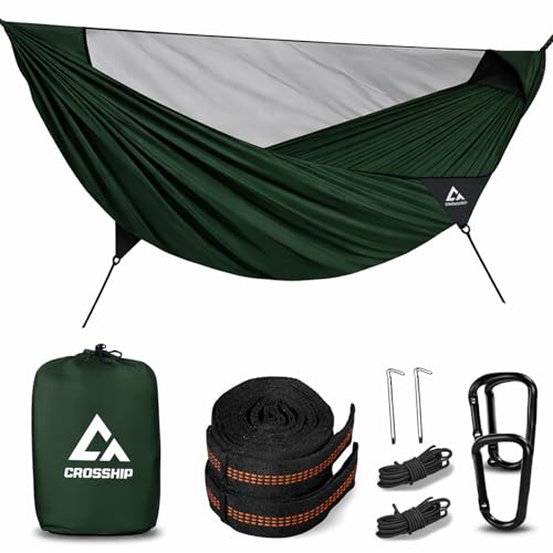 Camping Hammock with Mosquito Net, 2 Person Hammock Bug Net, Portable, Parachute Nylon for Outdoor, Camping, Hiking, Backpacking, Backyard, Beach, Travel (Hold Up to 500lbs) (Forest Green) - color: Forest Green