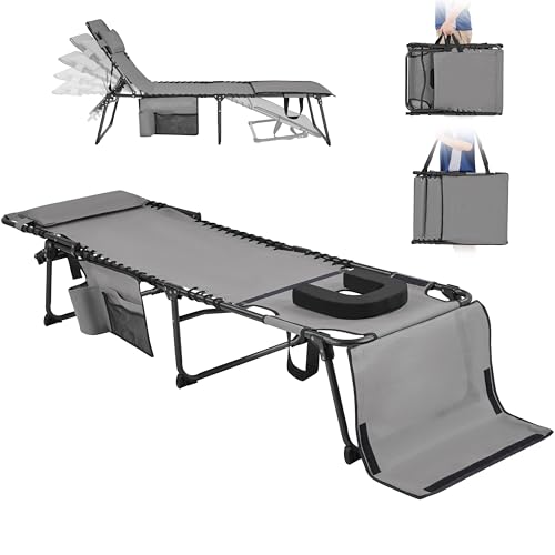 Yaheetech 22.4" Tanning Chair with Face Hole, Adjustable 5-Position Folding Chaise Lounge Chairs, Outdoor Lounge Chairs for Lawn, Beach, Sunbathing, Gray - color: Grey, size: 22.4"