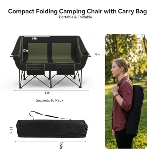 Heavy Duty Double Camping Chair with Padded Camping Loveseat – Oversized 2 Person Folding Camping Chair for Adults,Portable Camping Sofa with Cup Holders & Carry Bag for Outdoor Lawn, Beach or Patio
