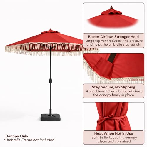 Formosa Covers 9ft 8-Rib Boho Replacement Umbrella CANOPY ONLY with Tassel Fringe Valance — 600D Polyester, UV-Treated, Fits Market Patio Frames (Red) - color: Tassel Red
