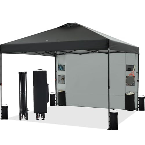 Tunbne 12'x12' Pop Up Canopy Tent with 1 Sidewall and 6 Pockets, One Push Setup, Instant Shade Tent with Vented Roof for Beach Patio Outdoor, Case, 8 Stakes, 4 Ropes, 4 Sandbags (Black, 12x12) - color: Black, size: 12x12