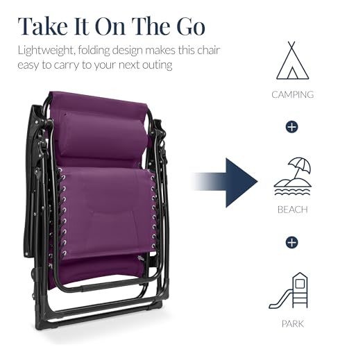 Best Choice Products Oversized Padded Zero Gravity Chair, Folding Outdoor Patio Recliner, XL Anti Gravity Lounger for Backyard w/Headrest, Cup Holder, Side Tray, Polyester Mesh - Amethyst Purple - color: Amethyst Purple