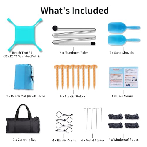 12x12 FT Beach Tent Sun Shelter UPF 50+, XL Beach Canopy with 4 Thickened Aluminum Poles, Sandbags, Windproof Portable Beach Sun Shade with Beach Blanket, Shovels, for Outdoor Camping Fishing RV Trip