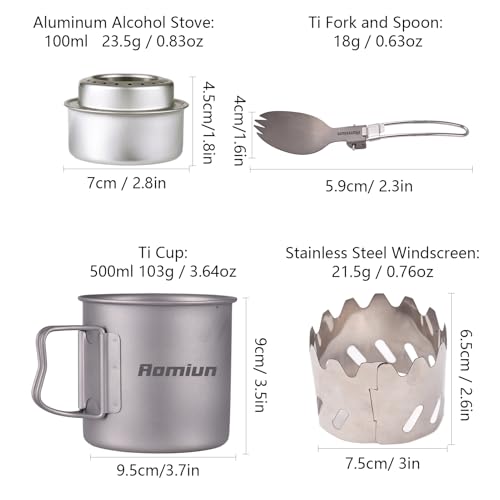 Titanium Camping Cookware Cup/Burner Combination 500ml Titanium Cup with Foldable Handle & Lid Spork Spoon Alcohol Stove Windscreen, Camping Cooking Stove and Cup Set for Backpacking