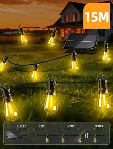 Solar Lights Outdoor Patio Lights: S14 15M 50FT Solar Powered 3 Light Modes Solar Waterproof Light - Shatterproof Bulbs - Camping Backyard Garden Deck Outside Yard - style: 50FT-Button