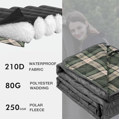 DUKUSEEK Waterproof Stadium Blanket, Hooded Outdoor Blankets Waterproof Windproof for Cold Weather, Emergency Warm Blanket with Quilted Cotton and Thick Fleece for Picnic, Camping, Outdoor Sports - color: Black Outer With Blue Plaid Fleece