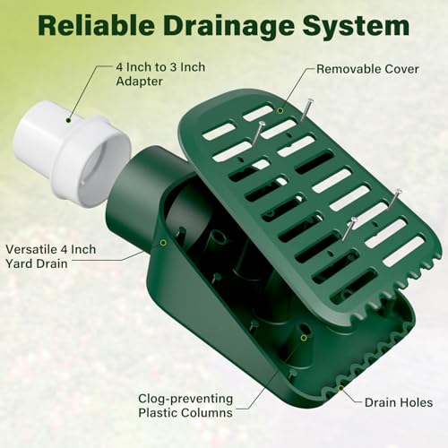 4in. Grate Yard Drain, Yard Drain Emitter for Sump Pump Discharge & Downspout Extensions, 10" W x 11.5" L x 4.7" H, Protects Foundation, Prevents Standing Water – Includes 3" & 4" SCH 40 Pipe Adapter