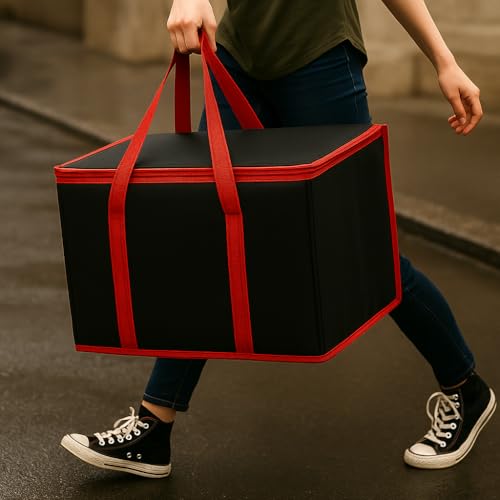 musbus 2 Pack Jumbo Chillout Thermal Tote, Foldable Insulated & Reusable Food Delivery Bag for Groceries, Potlucks, Sundries & More Cooler Bag Insulated Grocery Bags Large Freezer Shopping - color: Black_red, size: X-large（16w X 12.5h X 9d）