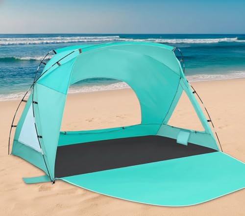 Beach Tent, Portable Sun Shelter for 2/3/4/6-8 Person with UPF 50+ UV Protection, Easy Setup Waterproof Beach Shade Canopy Cabana for Family Outdoor and Picnics, Fishing with Carrying Bag - color: Turquoise Ocean, size: Spacious 4-Person