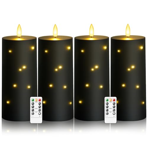 kakoya 10" x 4" Large Outdoor Waterproof Flickering Flameless Candles with Timer,4Pcs Battery Operated LED Pillar Candles with Embedded Star String for Outdoor Lanterns,Porch,Patio Decor(Black) - color: Black, size: 4PCS-D4"xH10"