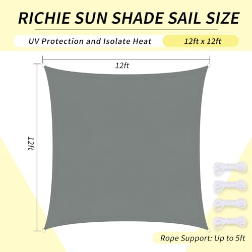 RICHIE Upgrade 12'x12' Sun Shade Sail Square Canopy, Water Resistant & UV Block Sunshade for Outdoor Patio Lawn Beach Garden Carport Backyard Deck Pergola, Grey - color: Gray, size: 12'x12', style: Rectangle