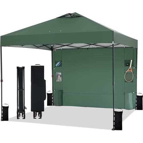 Tunbne 10'x10' Pop Up Canopy Tent with 1 Sidewall and 6 Pockets, One Push Setup, Instant Shade Tent with Vented Roof for Beach Patio Outdoor, Case, 8 Stakes, 4 Ropes, 4 Sandbags (Green, 10x10) - color: Green, size: 10x10