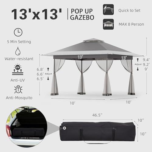 Bezseller 13x13 Pop Up Gazebo with Mosquito Netting, Easy 1-Person Setup Outdoor Canopy, Water-Resistant Portable Shelter for Patio, Backyard & Garden, UV Protection, Deep Grey - color: Deep Grey, size: 13"x13"
