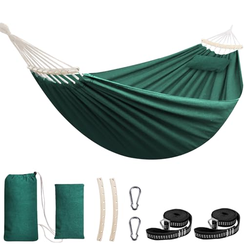 Chihee Cotton Hammock Holds Up to 660lbs Fabric Hammock 8.9x4.9ft Soft Portable Tree Hammocks Camping with Detachable Spreader Bar Pillow 2 Strong Webbings 2 Carabiners Indoor Outdoor Backyard Garden - color: Dark Green, size: 270x150cm