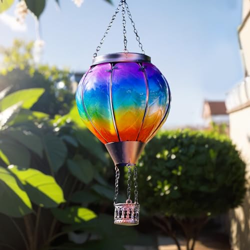Solar Hot Air Balloon Lantern with Flame, Hanging Glass Hot Air Balloon Solar Lantern Waterproof, Decorative Outdoor Hot Air Balloon Solar Light for Outside Garden Patio (Purple Gradient) - color: Purple Gradient