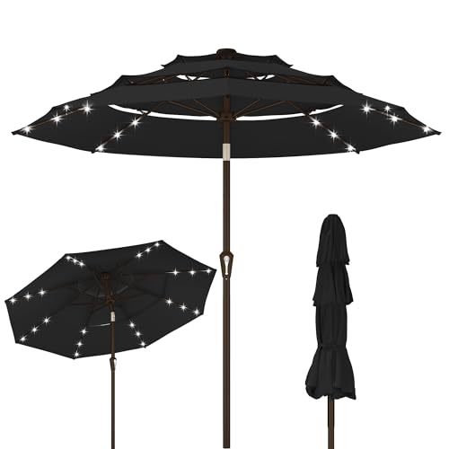 Kingdura 9ft 3-Tier Patio Umbrella with Solar Lights, Table Umbrella Outdoor Patio with Easy Crank & Tilt, 8 Sturdy Ribs, UV Protection, 32 LED Lights for Deck, Poolside, Market (Black) - color: Black-LED, size: 9 FT