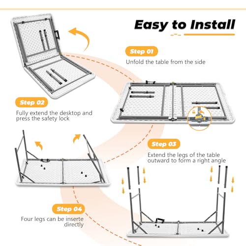 4ft Portable Folding Table, Indoor Outdoor Plastic Dining Table w/Handle, Fold-in-Half Utility Foldable Table for Camping, Picnic and Party, White