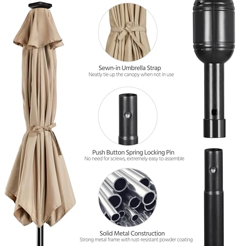Yaheetech 10FT Solar Powered Patio Umbrella - UV Protection Market Table Umbrella w/ 32 LED Lights & Push Button Tilt & Crank Lift System for Garden/Lawn/Deck/Backyard/Pool,Tan - color: Tan, size: 10FT