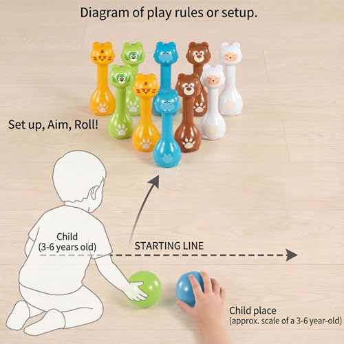 Mini Toddler Bowling Set Ages 1-5, Cute Animal Pins for First Birthday, Lightweight Indoor Montessori-Inspired Game with 10 Plastic Pins & 2 Balls, Boys Girls Toddler Gift