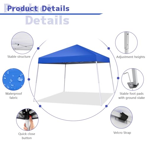Pop-up Canopy Tent, 10x10 Foot, Slant Legs with Carrying Bag, Gazebo Shelter for Patio Deck Garden and Beach, 8x8 Foot Cover Included, Blue - color: Blue