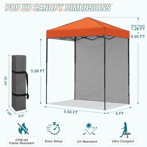 EAGLE PEAK 6x4 Instant Pop Up Canopy Tent with 1 Side Wall Panel, Straight Leg Sun Shelter, Portable Canopy with Carry Bag for Camping, Beach & Sports, Orange - color: Orange, size: One Wall