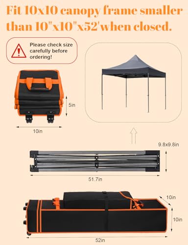 10 x 10 x 52 Inch Tent Bag Replacement Part, Canopy Bag Tent Storage Bag Designed for 10 x 10 Pop-up Tents, Comes with Handles and Rollers for Easy Carrying, 800D Waterproof Oxford Fabric - style: 52*10*10 in