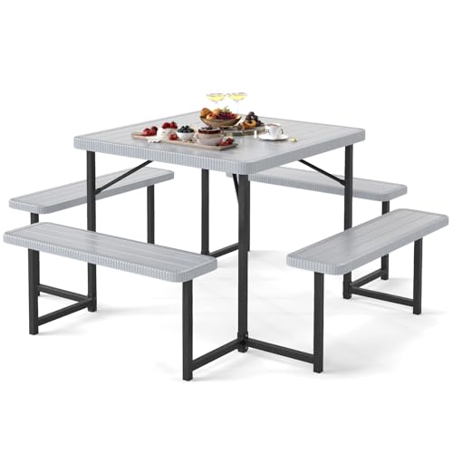 Giantex Picnic Table Bench Set for 4-8 People, 34" Outdoor Square Dining Table & 2 Benches w/Umbrella Hole, HDPE Tabletop, Metal Frame, Patio Camping Furniture for Backyard Porch Lawn (Grey,Square) - color: Grey, size: Square-34"x34"x30"