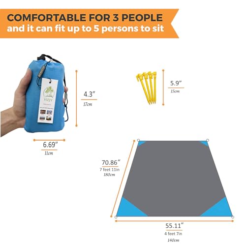 Pocket Blanket 71"x55", Lightweight Compact Sandproof Waterproof Outdoor Blanket for Beach, Hiking, Camping, Travel, Festivals, Picnic with Pockets, Loops, Stakes, Carabiner - color: Sky Blue