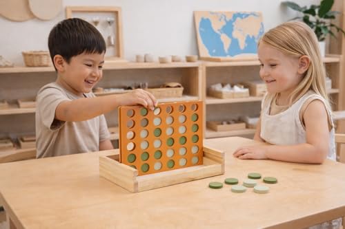 Neutral Wooden Four in a Row Game, Aesthetic Two Player Montessori Travel Board Game for Kids and Adults, Perfect Coffee Table Decor and Housewarming Gift - color: Camel Sage Natural