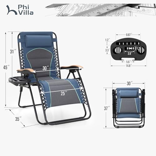 PHI VILLA XXL Oversized Padded Zero Gravity Chair Set of 2, Foldable Patio Recliner, 30" Wide Seat Anti Gravity Lounger with Armrest and Cup Holder, Support 400 LBS (Blue Accents) - color: Blue Accents, style: 2 Pcs