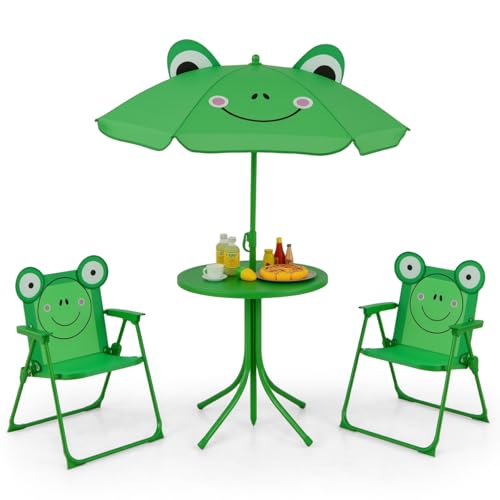 Costzon Kids Picnic Table, Kids Outdoor Table with 2 Folding Chairs, Height Adjustable Umbrella, Portable Children Outdoor Furniture for Patio, Garden, Backyard (Green) - color: Dark Green Frog