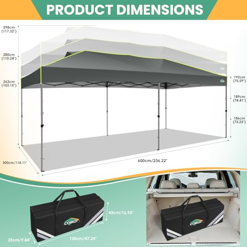 COBIZI 10x20 Pop Up Canopy Tent, Outdoor Party Tent with 6 Sidewall One Push Setup Glow, 3 Adjustable Height Air Vent Waterproof UPF50+, Bag, 4 Sandbag, 6 Stake, 12 Rope for Beach, Commercial - color: Gray, size: 10x20