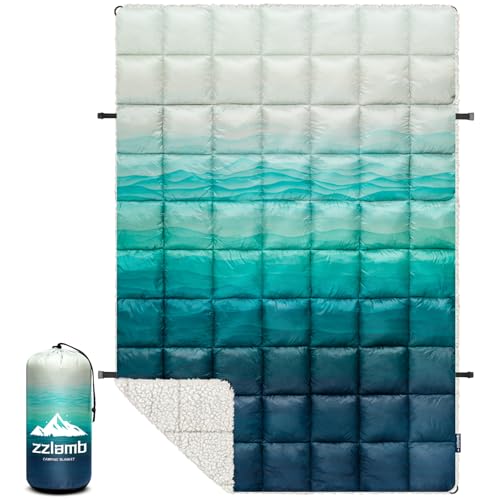 zzlamb Outdoor Camping Blanket with Sherpa Lining,Puffy Thick Camp Quilt for Sleeping,Packable Warm Wearable Fleece Blankets for Cold Weather,Traveling,Backpacking,Picnics,Beach,Stadium 52x75in - color: Sea Sonata