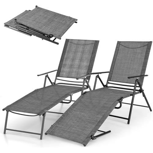Giantex Lounge Chair Outdoor Set of 2 - Tanning Chair with 6 Adjustable Backrest, 2-Level Footrest, Folding Sunbathing Lounger for Patio, Poolside, Yard, Chaise Lounge Chair, Beach Chair (Grey) - color: Grey