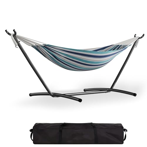 Garvee Double Hammock with Foldable Steel Stand and Carry Bag – Indoor/Outdoor Standing Hammock, 450 LBS Capacity, for Garden, Camping, Beach (Ocean) - color: Ocean