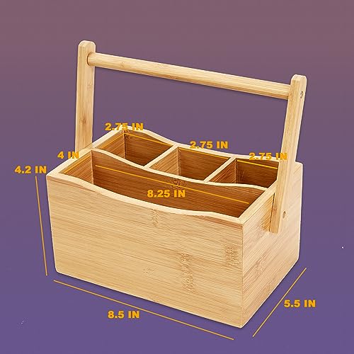 YBM HOME Bamboo Flatware Utensil Caddy with Napkin Holder and Handle, Wood Picnic Basket for Kitchen and Camping Trip, 336