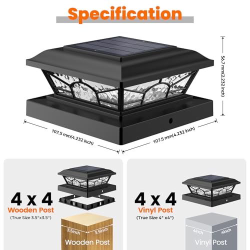 Brightever 4x4 3.5x3.5 Solar Post Cap Lights, 6-Pack Solar Powered Fence Post Light Outdoor Waterproof for Vinyl/Wooden Post, 2 Modes(Warm/Cool Light), Black Solar Deck Post Lights for Patio, Porch - color: Black, size: 6 Pack