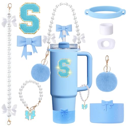 9pcs Stanley Cup Accessories Set- for 30oz 40oz Tumblers with Handle - Bule Kit Includes Bow Straw Topper and Boot, Charm, Pearl Handle Strap & Stickers - Aesthetic Girl Gifts (S) - color: S