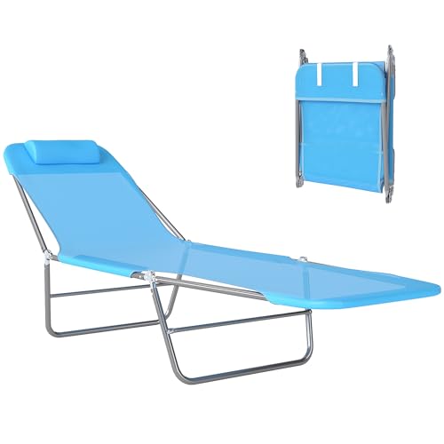 Outsunny Folding Chaise Lounge Pool Chairs, Outdoor Sun Tanning Chairs with Pillow, Reclining Back, Steel Frame & Breathable Mesh for Beach, Yard, Patio, Blue - color: Blue