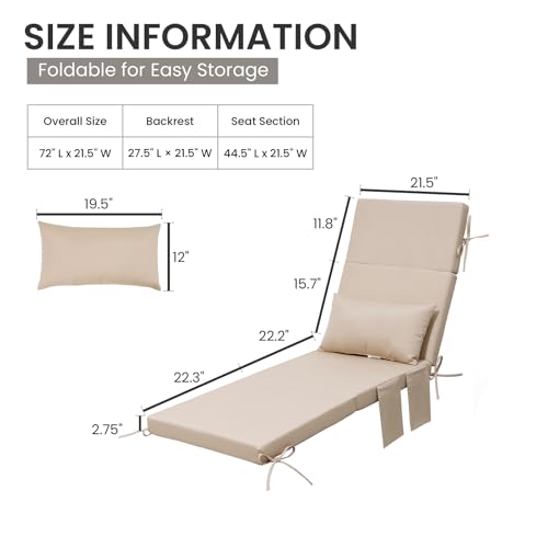 Crestlive Products Foldable Outdoor Chaise Lounge Cushions with Head Pillow and Side Pockets, Water Resistant & Fade Resistant Lounge Chair Cushion, 72" L x 21" W, Beige - color: Beige, size: 72"l X 21"w