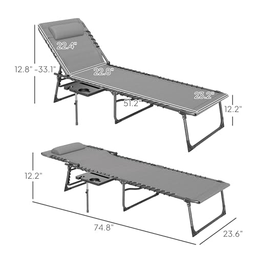 Outsunny Folding Chaise Lounge Chair Outdoor Tanning Chair with Side Table, 5-Level Adjustable Beach Lounge Chair with Headrest, Side Pocket for Patio, Backyard, Beach, Poolside, Gray - color: Grey