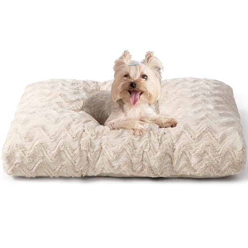 EHEYCIGA Washable Small Dog Bed for Crate 23x18 Inch, Reversible Kennel Pad for Puppy Weight Up to 25 lbs, Plush and Comfy Pet Sleeping Mat, Beige - color: Beige, size: 23" x 18"x 3"