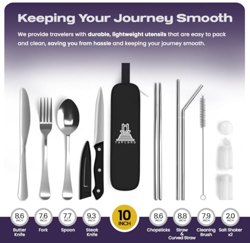 Taplord Portable Travel Silverware Set With Case, Includes 10 Pcs of Travel Utensils With Case, Stainless Steel Flatware Set For Camping, Lightweight (Silver) - color: Silver, size: 10 Pieces