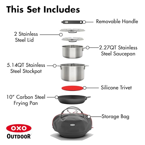 OXO Outdoor 8 Piece Camping Cookware Set, 10" Pre-Seasoned Carbon Steel Frying Pan Skillet, 2.25QT and 5QT Stainless Steel Saucepans with Lids, Removeable Handle, Trivet, Travel Bag, Space-Saving - size: 8 Piece Cookware Set