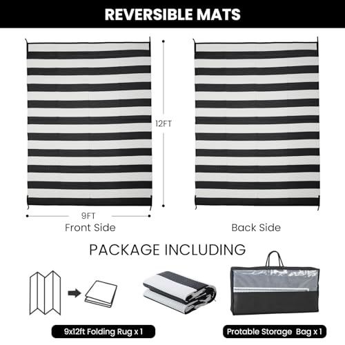 Outdoor Rug 9 x 12 ft, Reversible Plastic Straw Rug for Patio, Waterproof Large Outdoor Carpet for RV, Patio, Camping, Backyard, Deck, Picnic, Beach, Black & White - color: Black/White, size: 9'x12'