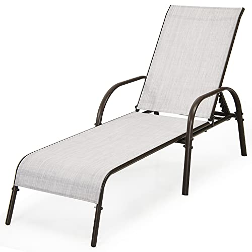 Giantex Patio Lounge Chair, Outdoor Chaise Lounge with 5 Adjustable Backrest, Sturdy Steel Frame, Sunbathing Recliner, Beach Chair, Tanning Chair for Outside, Yard, Balcony, Pool Chairs, Grey - color: Grey