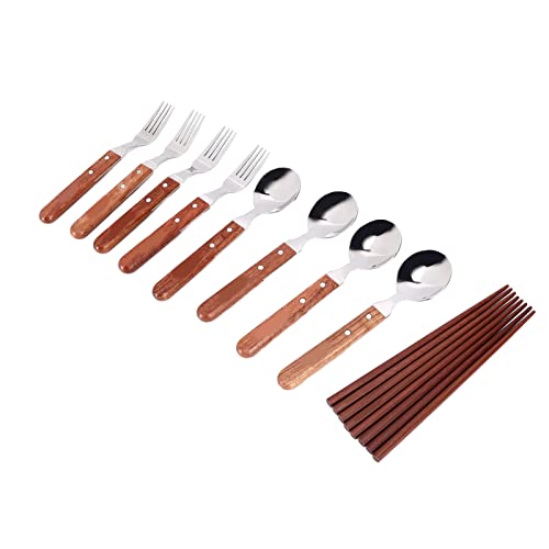 12 Pcs Stainless Steel Wooden Handle Tableware Set, Camping Cutlery for 4 Persons, Includes Forks Spoons Chopsticks with Carrying Bag for Picnic Barbecue Outdoor Use