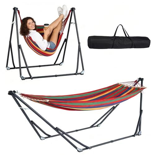 DlandHome Hammock with Stand, Heavy Duty Portable Hammock, 440 lbs Weight Capacity, Outdoor Hammock Chair with Carrying Bag & Adjustable Steel Stand for Patio, Garden, Beach, Backyard, Classic Red