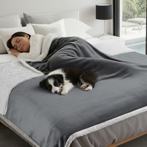 Makigued Waterproof Dog Blanket for Couch & Bed, Reversible Sherpa Fleece Pet Throw with Quiet TPU Barrier, Machine Washable Furniture Protector for Large Dogs & Cats, Twin Size 60x80 Inch, Gray - color: Gery, size: Twin(60"*80")